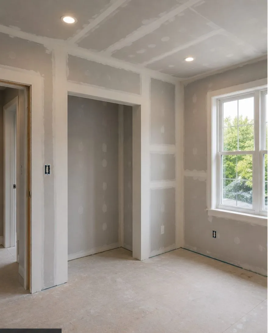 Bedroom during drywall repair, before finishing