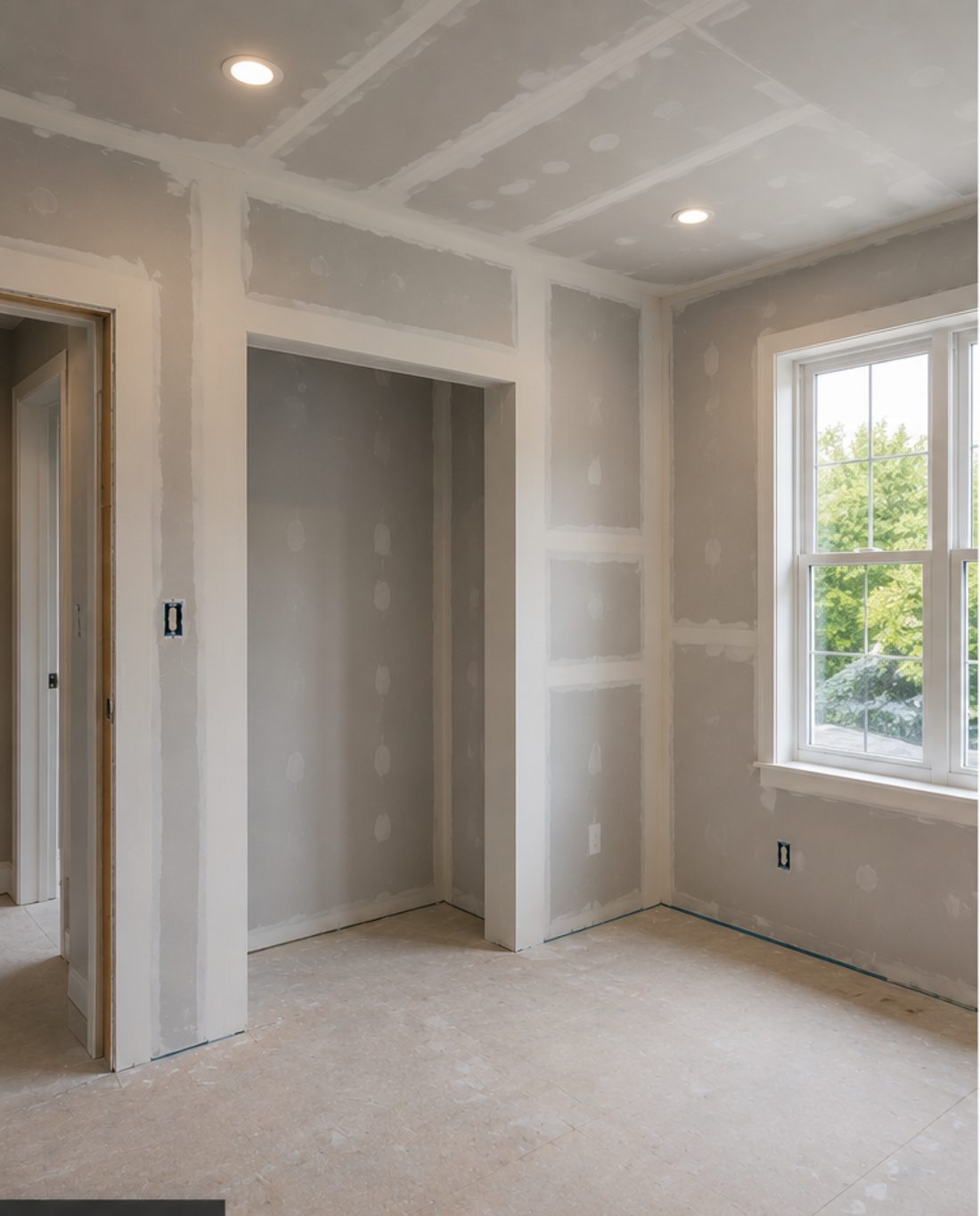 Bedroom during drywall repair, before finishing