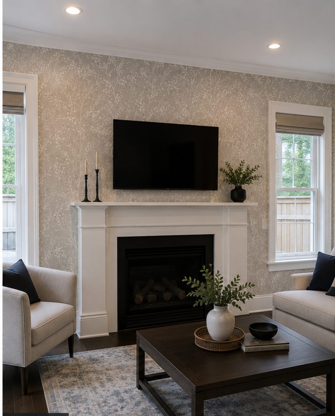 Botanical grasscloth accent wall installed in a Toronto living room