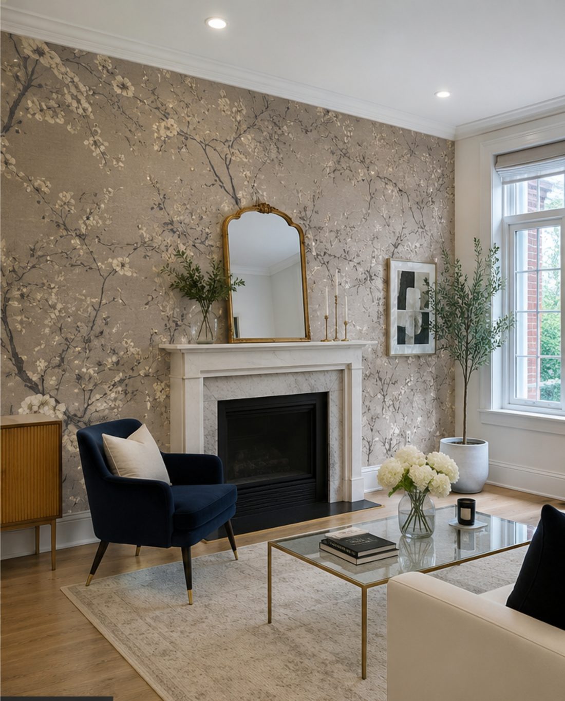 Cherry blossom mural wallpaper feature wall installed in a Toronto living room